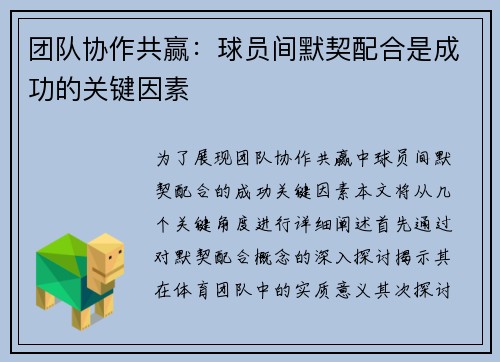 团队协作共赢：球员间默契配合是成功的关键因素