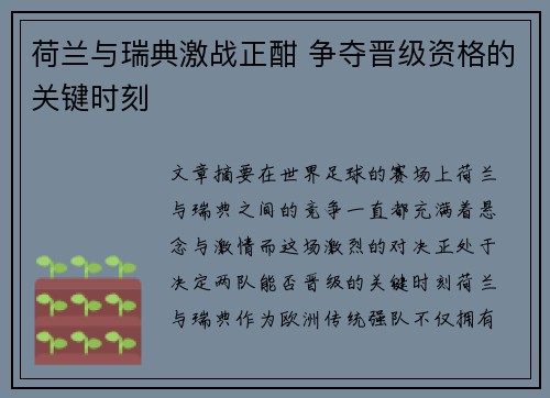 荷兰与瑞典激战正酣 争夺晋级资格的关键时刻