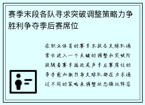 赛季末段各队寻求突破调整策略力争胜利争夺季后赛席位